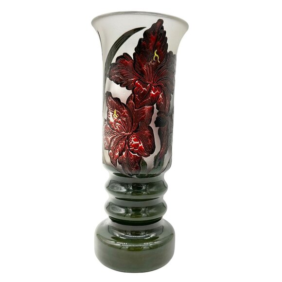 Handcrafted Ramski Glass Vase With Red Floral Design & Green Base - Picture 1 of 10